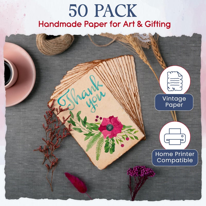 Wanderings Handmade Antique Deckle Edge Blank Cards - 4"x6" Package of 50 - Mixed Media Cards for Announcements Invitations Crafts - Thick Deckled Edge Paper 150 GSM Recycled Paper - Image 3